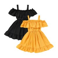 〖jeansame dress〗 Citgeett ฤดูร้อนเด็กสาวสบายๆ Ruffles แขวนชุดสีทึบเรือคอสายเจ้าหญิงชุดเสื้อผ้า