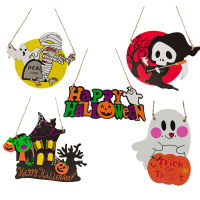 5pcs Wooden Pendant Wall Cutouts Haunted House Indoor Outdoor Window Tree Happy Home Garden Halloween Decorations Art With Ropes Party Hanging Sign