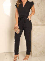 Tie Front Flutter Sleeve Pocket Design Jumpsuit With Belt