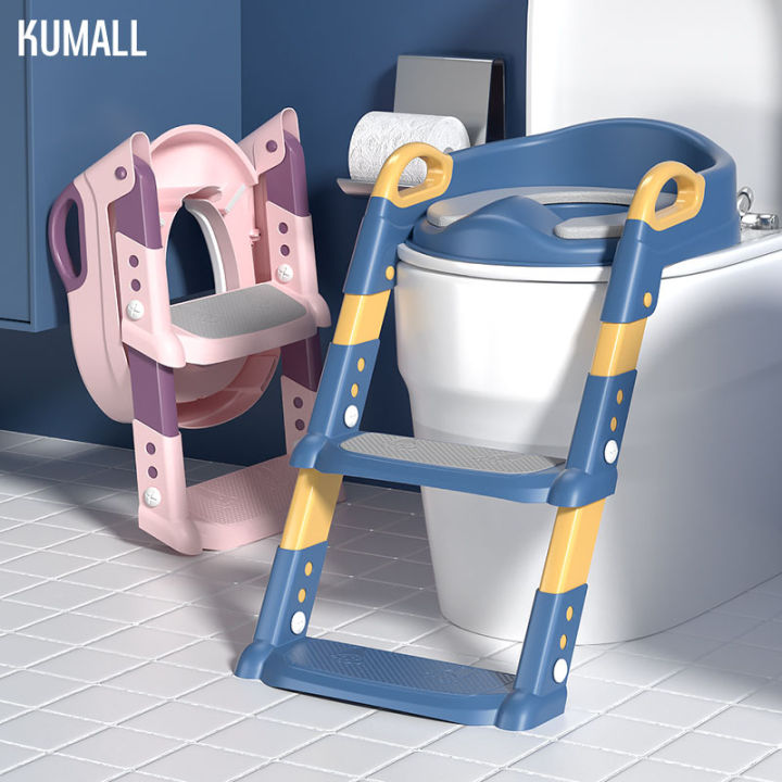 kumall-2-in-1-ฝึกลูกน้อยให้นั่งทำธุระได้ด้วยตัวเอง-บันไดชักโครก-เบาะนุ่ม-พลาสติกหนา-มีกันลื่น-ปรับระดับได้-บันไดชักโครก-ฝารองชักโครก