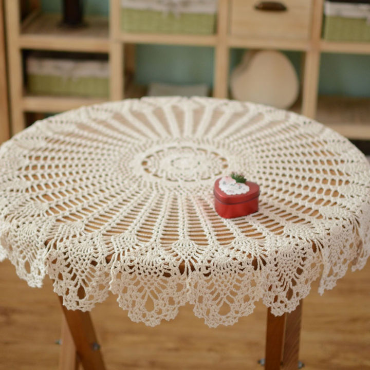 ผ้าปูโต๊ะ60ซม-เสื่อปลอกผ้าฝ้ายลูกไม้ผ้าโครเชต์ถักมือผ้าปูโต๊ะกลมดอยลี่