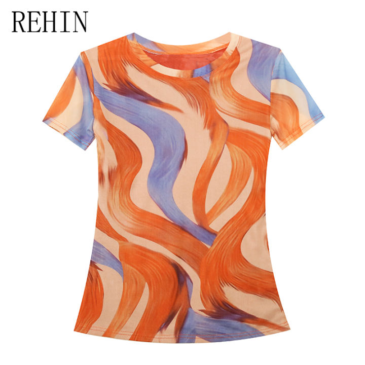 rehin-เสื้อยืดผู้หญิง-เสื้อยืดตาข่ายฤดูร้อนแฟชั่นใหม่พิมพ์ลายสีไม่ซ้ำใครเสื้อยืดคอกลมบางเฉียบสง่างามเสื้อกล้ามทันสมัย