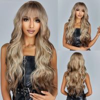 Blonde Ash Highlights Synthetic Wigs with Bangs Light Brown Long Water Wavy Hairs Wig for Women Natural Daily Heat Resistant Use [ Hot sell ] Decoration Center