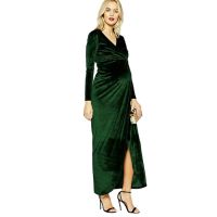 Spring Winter Wear Green Velvet Wrap Front Long Maxi Maternity Dress