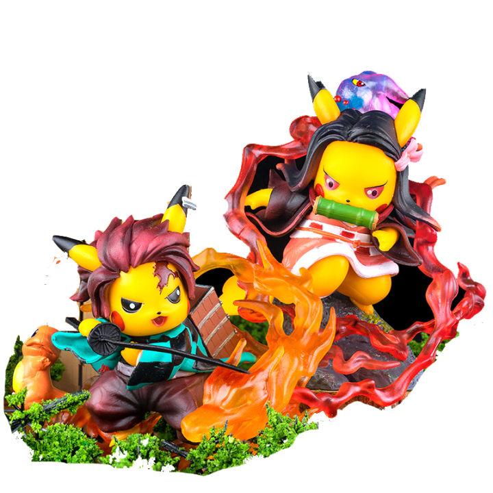 new-pikachu-cosplays-agatsuma-zenitsu-with-raichu-action-figures-pvc-10cm-model-pokemon-demon-slayer-doll-anime-toys-for-kid