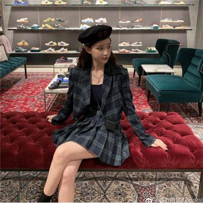 Suit Skirt Womens  New Ins Student Korean Version of Loose Plaid Pleated Skirt + Suit Jacket Two-piece