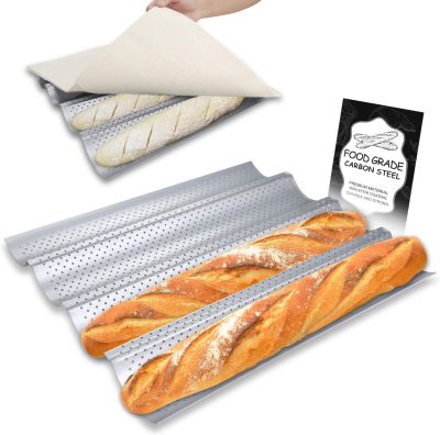 WALFOS ถาดอบขนมปังฝรั่งเศสลายคลื่น4ร่องสำหรับแม่พิมพ์ทำขนมอบ Baguette กระทะทำจากเหล็กกล้าคาร์บอนแบบ2ร่อง