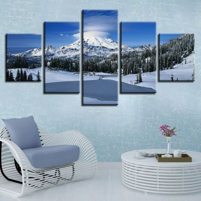 ฤดูหนาวที่สวยงามหิมะภูเขาทิวทัศน์ภาพวาดโปสเตอร์รูปภาพตกแต่งผนังห้องผ้าใบศิลปะ HD พิมพ์ตกแต่งบ้าน5แผง