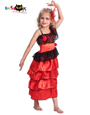 สาวใหม่นักเต้นฟลาเมงโกสีแดงแฟนซียาวฮาโลวีนเครื่องแต่งกายสเปนชุดเต้นรำสำหรับเด็กลูกไม้อะนิเมะคอสเพลย์