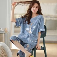 Short Sleeve Shorts Ladies Thin Cartoon Cotton Round Neck Pullover Loose Large Size Homewear