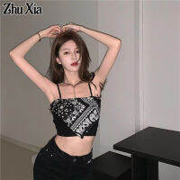 Zhu Xia เสื้อกั๊กมีสายลายดอกมะม่วงหิมพานต์เสื้อนอกสั้นผ้าพันคอสี่เหลี่ยมจัตุรัสเสื้อสีดำขาวเท่ๆ Syal Sutra ส่วนบน