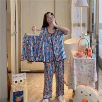 COD Ice silk pajamas spring and summer short-sleeved trousers suit womens three-piece Pajama