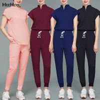 Wholesale Spa Lab High Quality Elastic Scrub Medical Uniform Womens Model Cultivation Sexy Nursing Tops Pants Slim Scrubs Suit