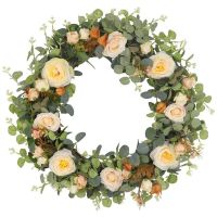 22Inch Spring Wreath Beautiful Artificial Rose Flower Wreath,Door Wreath, Cream Rose Wreath Faux Flower Hanger Indoor