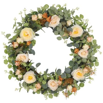 22Inch Spring Wreath Beautiful Artificial Rose Flower Wreath,Door Wreath, Cream Rose Wreath Faux Flower Hanger Indoor