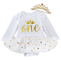 Baby Girls Cotton Rromper Costumes Birthday Gift Baby Clothing 2PCS Jumpsuit Bebe Vestidos Golden Crown One Girl Dress Headband