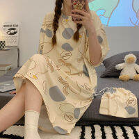 Nightdress Girl Short Sleeve Korean Style Cartoon Student Homewear Summer Pajamas Thin Large Size Long below the Knee Dress