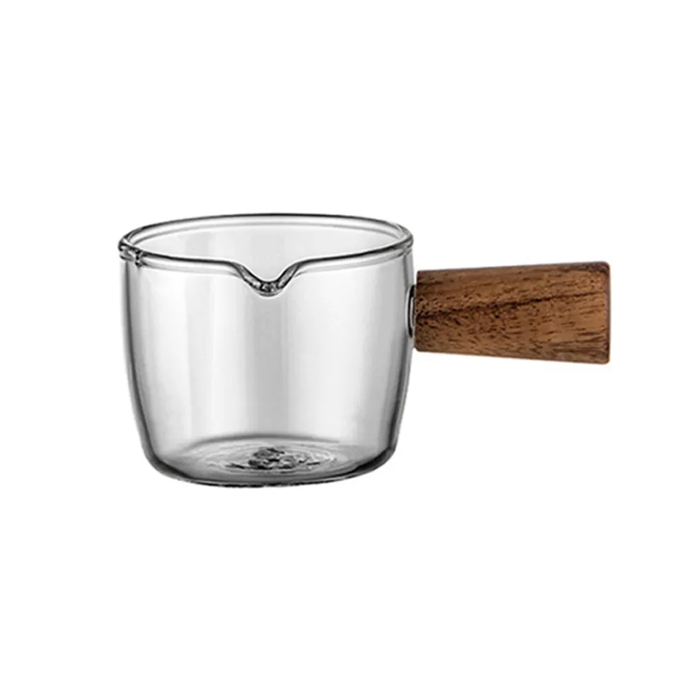 Tanlade Single Spout Espresso Shot Glass 75ML with Wood Handle Espresso  Glass Carafe Shot Glass Measuring Cup Mini Milk Glass Cup with Handle for  Milk