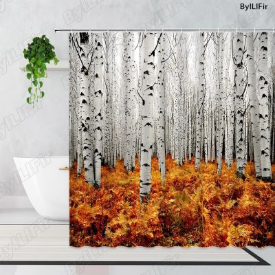 【CW】▤  Landscape Shower Curtains Leaves Trees Scenery Fabric Curtain Set