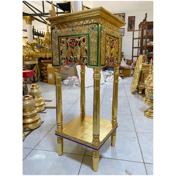 ค่าส่งถูกและดี-โต๊ะยอด-โต๊ะวางพระ-สูง-75-cm-ปิดทองคำเปลว-ไม้แกะสลัก-แต่งกระจกสี-โต๊ะหัวเตียง-โต๊ะวางพระบูชา-โต๊ะไม้แกะสลัก-wooden-table-gold-leaf