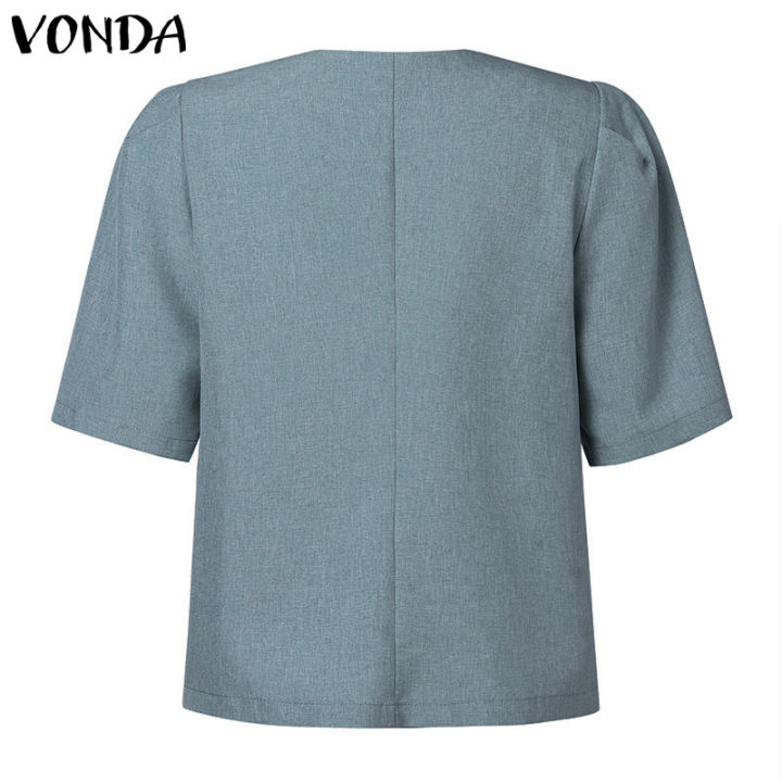 จัดส่งฟรี-fancystyle-vonda-ชุดผู้หญิงแขนพัฟเสื้อยืดคอกลมเรียบง่าย-เสื้อสีทึบติดกระดุม