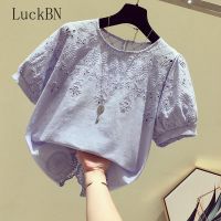 Korean Style Crocheted Hollow Womens Blouses Top Summer New Slim Shirts Female Large Size Loose Shirt Female O-neck Shirt 2022