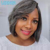 Lekker Grey Short Bob Human Hair Wig For Women Brazilian Remy Hair Ombre Gray Silver Wavy Hair Wig With Bangs Pixie Part Wig