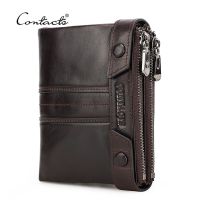 ZZOOI CONTACTS Genuine Leather Men Wallet Double Zippers Design Coin Purse Small Mini Card Holder Wallets Rfid Money Bag Male Purses