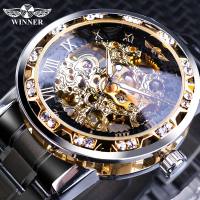 ZZOOI Winner Mens Watches Luxury Rhinestone Roman Black Stainless Steel Band Business Mechanical Watch Sports Clock Relogio Masculino