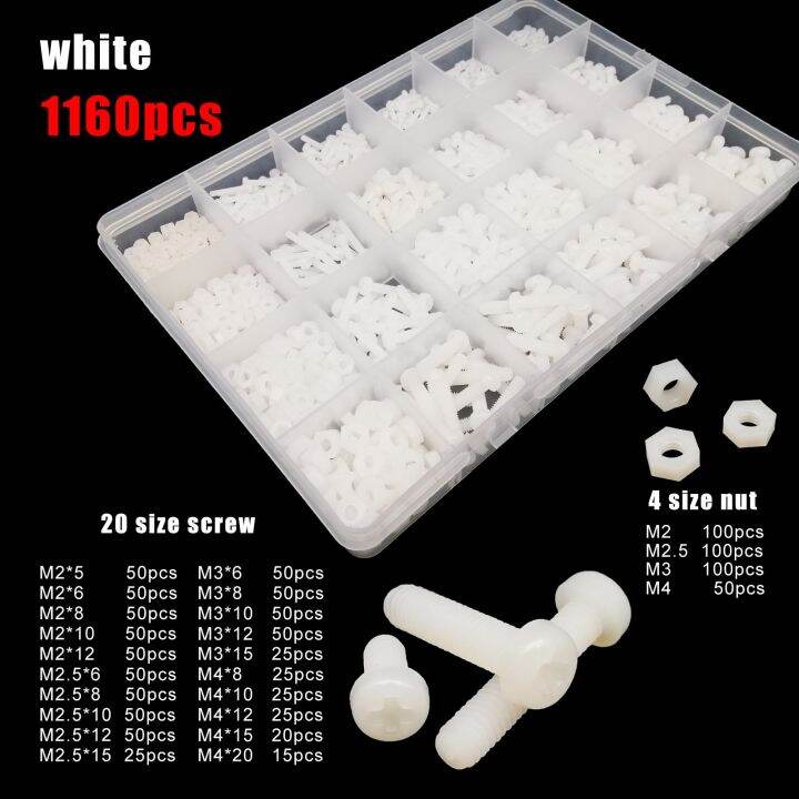 300-700-1160pcs-m2-m2-5-m3-m4-black-white-nylon-plastic-insulating-cross-phillips-pan-round-head-bolt-screw-nut-set-mix-kit-box