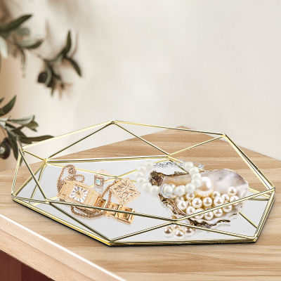 European Glass Metal Kitchen Storage Tray Gold Oval Dotted Fruit Plate freezing Jewelry Display Rotary Candy Decor Tray Mirror