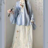 เครื่องแต่งกายโบราณระบบ Ming Hanfu เสื้อยืดแขนสั้นปกสไตล์จีนสำหรับผู้หญิงนักเรียนสไตล์กรโปรงลายม้า