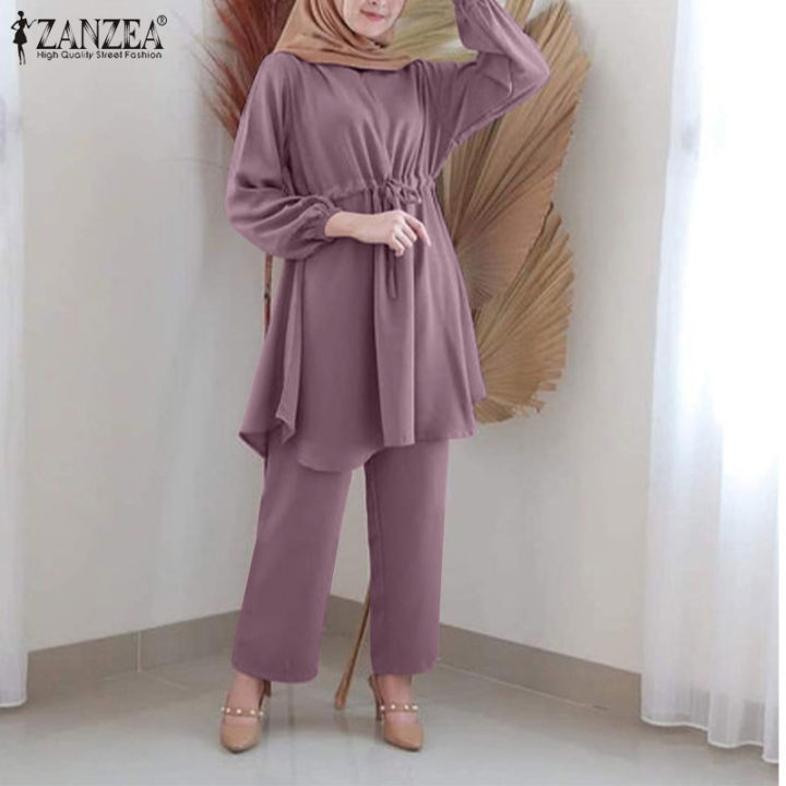 momonaco-zanzea-muslimah-womens-muslim-ismaic-outfits-puff-long-sleeve-a-line-blouse-elastic-wist-pants-suit-2pcs