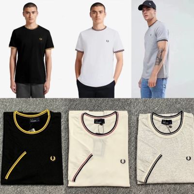 FRED PERRY Fred Perry เสื้อยืดคอกลมมีหูข้าวสาลี,เสื้อยืดคอกลมมีปกลูกไม้ผ้าฝ้ายบริสุทธิ์เสื้อซับในแฟชั่นลำลอง