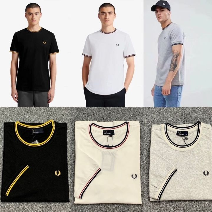 fred-perry-fred-perry-เสื้อยืดคอกลมมีหูข้าวสาลี-เสื้อยืดคอกลมมีปกลูกไม้ผ้าฝ้ายบริสุทธิ์เสื้อซับในแฟชั่นลำลอง