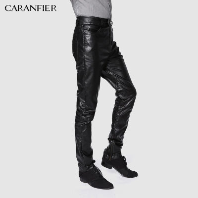 HotCARANFIER ยี่ห้อใหม่ผู้ชายกางเกงหนังยืดหยุ่นสูงเอวน้ำหนักเบาสบายๆ PU Faux กางเกงบางมอเตอร์เสื้อผ้า S-4XL