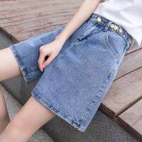 [A New sale]ผ้าบางสำหรับฤดูร้อนหญิง Celana Pendek Denim เอวสูงตาข่ายสีแดงมีคำว่านักเรียนหลวมกางเกงขาม้า5แต้ม