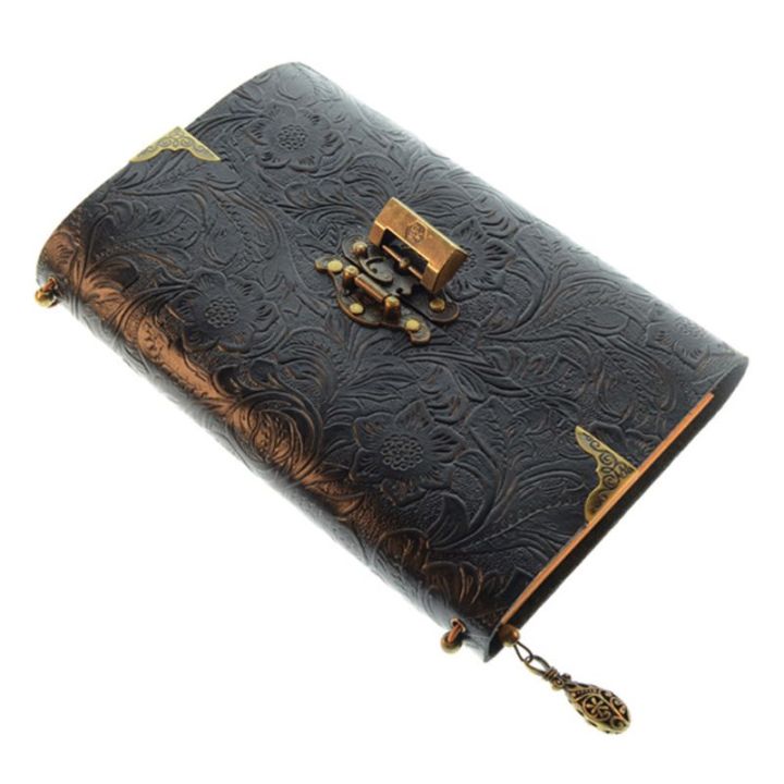 Embossed Pattern Soft Leather Travel Notebook with lock Key Diary Notepad Kraft