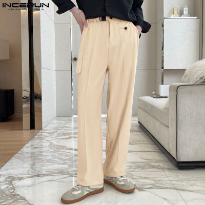INCERUN กางเกงขายาวผู้ชายทรงตรงเรียบง่ายสบายๆหลวมเข็มขัดกางเกงชิโนตัด (สไตล์เกาหลี)
