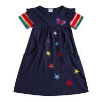 Jxs Neat Summer Girls Cotton Short Sleeve Dress Little Star Butterfly Embroidered Rainbow Sleeves Girl Casual Dresses