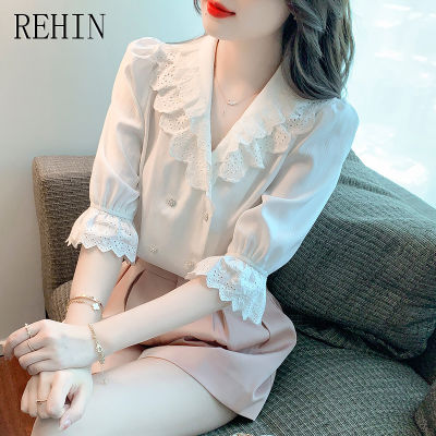 REHIN เสื้อแฟชั่นสไตล์เกาหลีแบบใหม่คอวีของผู้หญิง,เสื้อลูกไม้เสื้อเสื้อผู้หญิงแขนสั้นนางฟ้าฤดูร้อน