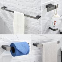 5-Pc Gray Bathroom Stainless Steel Square Wall Mounted Set - Includes Hand Towel Rack Toilet Paper Hold Toothbrush Holder Hook