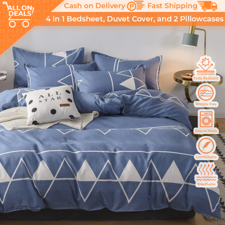 ALL ON DEALS Hotel Quality 4 in 1 Bedsheet Set Blue/White Triangle