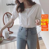 ผู้หญิง เสื้อเบลาส์ Lovito ลำลองมีกระดุมด้านหน้าคอสี่เหลี่ยม LNA04158 (สีขาว) เสื้อเบลาส์ Lovito ลำลองมีปุ่มด้านหน้าคอสี่เหลี่ยมสำหรับผู้หญิง