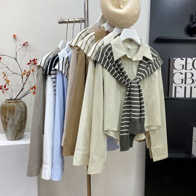 ◊☫ French style Western-style two-piece set with striped shawl long-sleeved shirt for women loose and versatile short slim casual top
