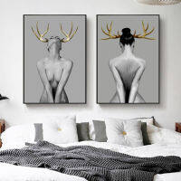 Antler เด็กผู้หญิงผ้าใบภาพวาด Nordic โปสเตอร์รูปภาพศิลปะห้องนั่งเล่น DecorNordic โมเดิร์นสีดำและสีขาวตัวอักษร Minimalist เขากวางมูสสาวบทคัดย่อ Art ห้องนั่งเล่นตกแต่งห้องนอนภาพวาด Core