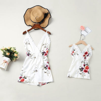 Summer New Family Matching Clothing Mother Daughter Printed White Jumpsuit Beach Party Parent Child Clothing