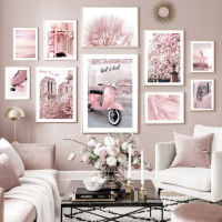 Wall Art ภาพวาดผ้าใบ London Street Car Pink Feather Dandelion Grass นอร์ดิกโปสเตอร์และพิมพ์ภาพตกแต่งสำหรับห้องนั่งเล่น - iodz29 shop