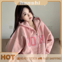 hanshi [2023 new HOT FASHION] lazlook เสื้อสเวตเตอร์พิมพ์ลายตัวอักษรสำหรับผู้หญิงเสื้อโค้ทแขนยาวมีฮู้ดทรงหลวมลำลองมีซิปแฟชั่นฤดูใบไม้ร่วง