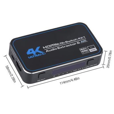 4K60hz 4พอร์ต HD-MI 2.0B กล่องสวิตช์4 In 1พร้อมออปติคอล3.5มม. ระบบเสียงสเตอริโอออกรีโมทเครื่องแยกสัญญาณเสียง ARC HDCP 2.2